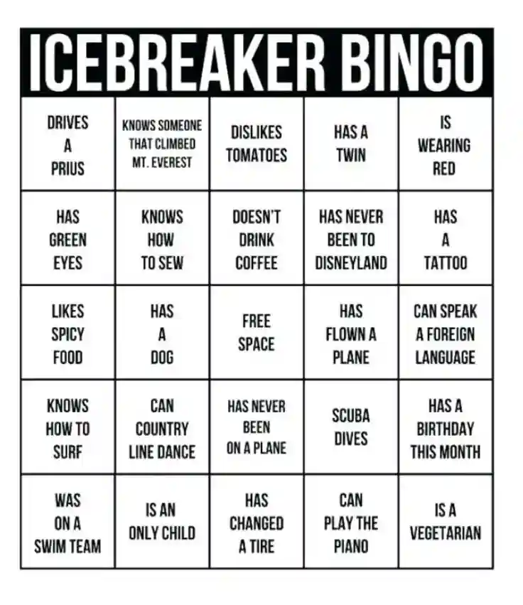 team building ice breaking session game : human bingo